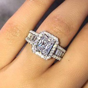 NEW Silver Radiant Cut Square Halo Wedding Ring